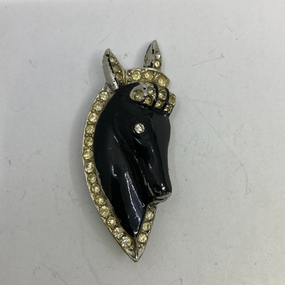 Vtg 1940s CORO  black horse head pewter enamel rhinestone brooch